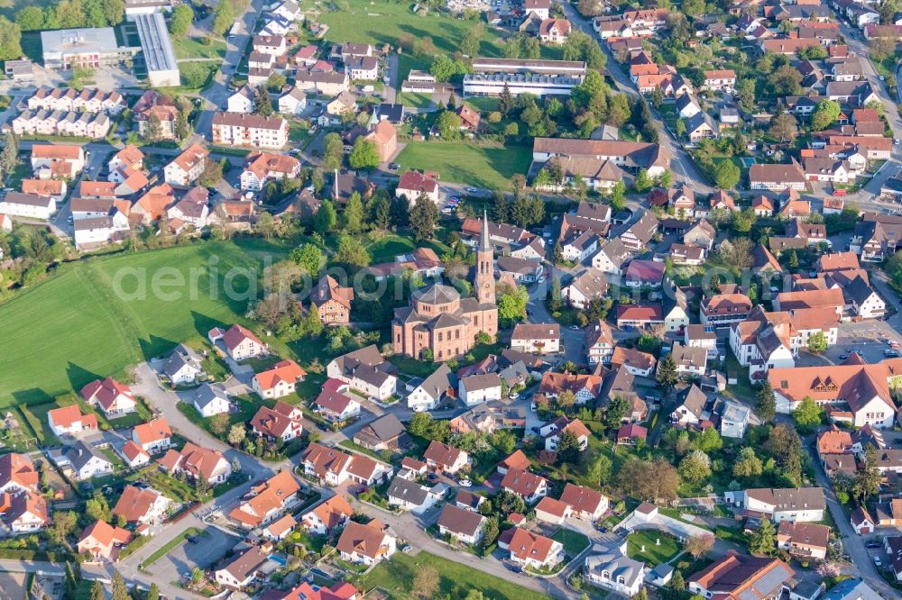 Rheinau from the bird's eye view: Church building in the village of in the district Rheinbischofsheim in Rheinau in the state Baden-Wuerttemberg, Germany