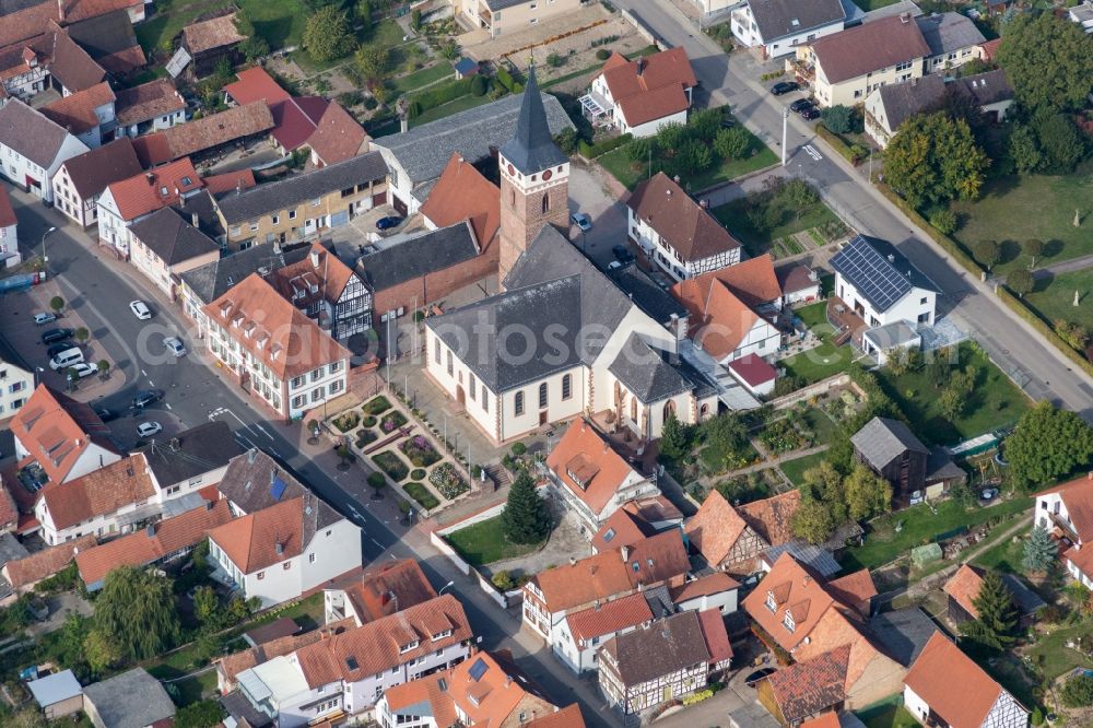 Aerial image Wörth am Rhein - Church building in the village of in the district Schaidt in Woerth am Rhein in the state Rhineland-Palatinate, Germany