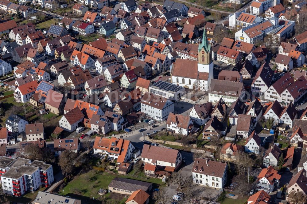 Aerial image Renningen - Church building in the village of in Renningen in the state Baden-Wuerttemberg, Germany