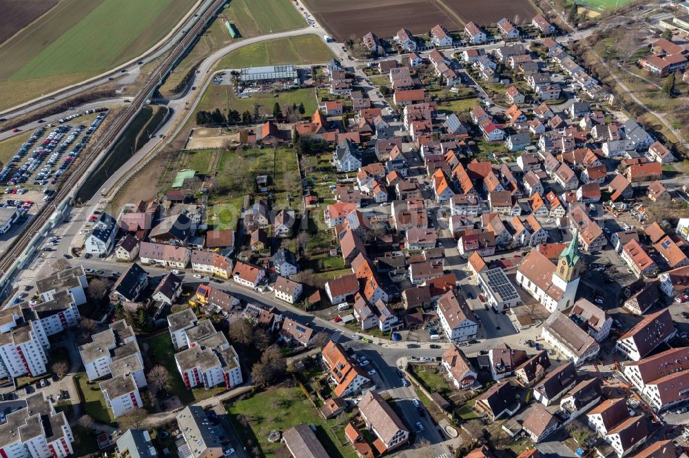 Aerial photograph Renningen - Church building in the village of in Renningen in the state Baden-Wuerttemberg, Germany