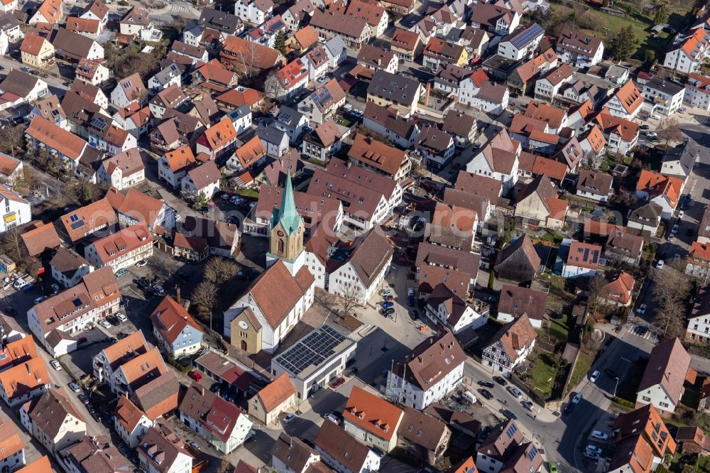 Renningen from above - Church building in the village of in Renningen in the state Baden-Wuerttemberg, Germany