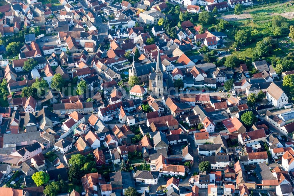 Saulheim from above - Church building in the village of in Saulheim in the state Rhineland-Palatinate, Germany