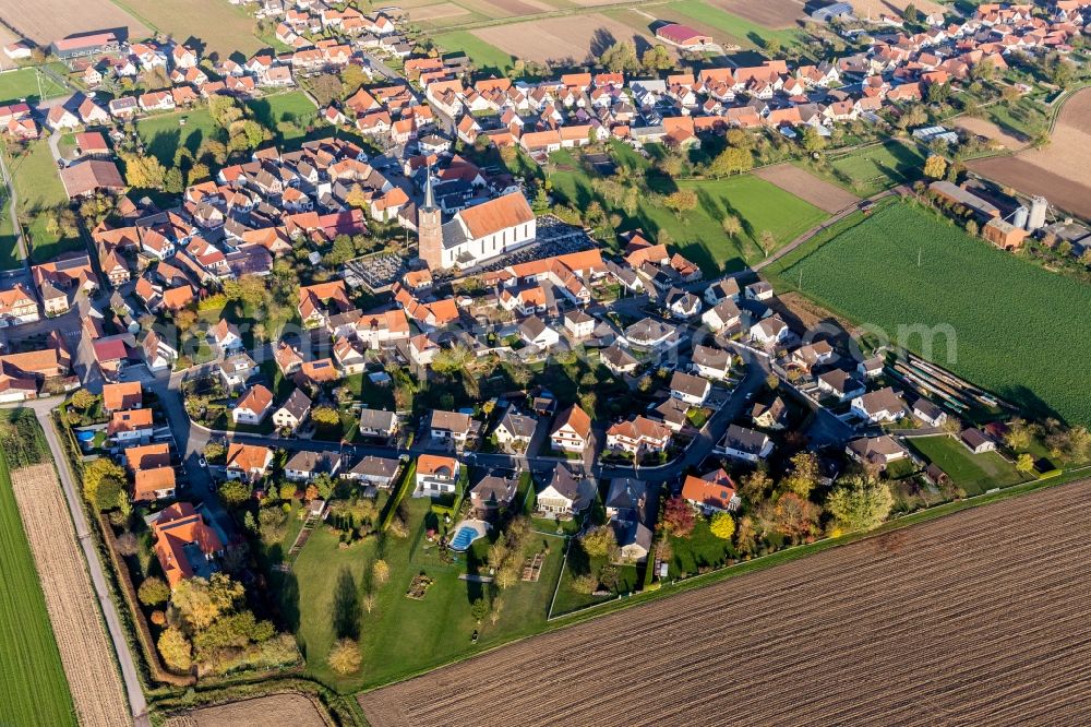 Schleithal from the bird's eye view: Church building in the village of in Schleithal in Grand Est, France