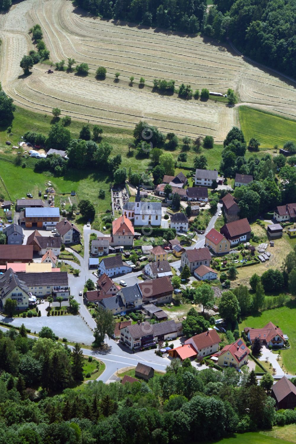 Schönfeld from above - Church building in the village of in Schoenfeld in the state Bavaria, Germany