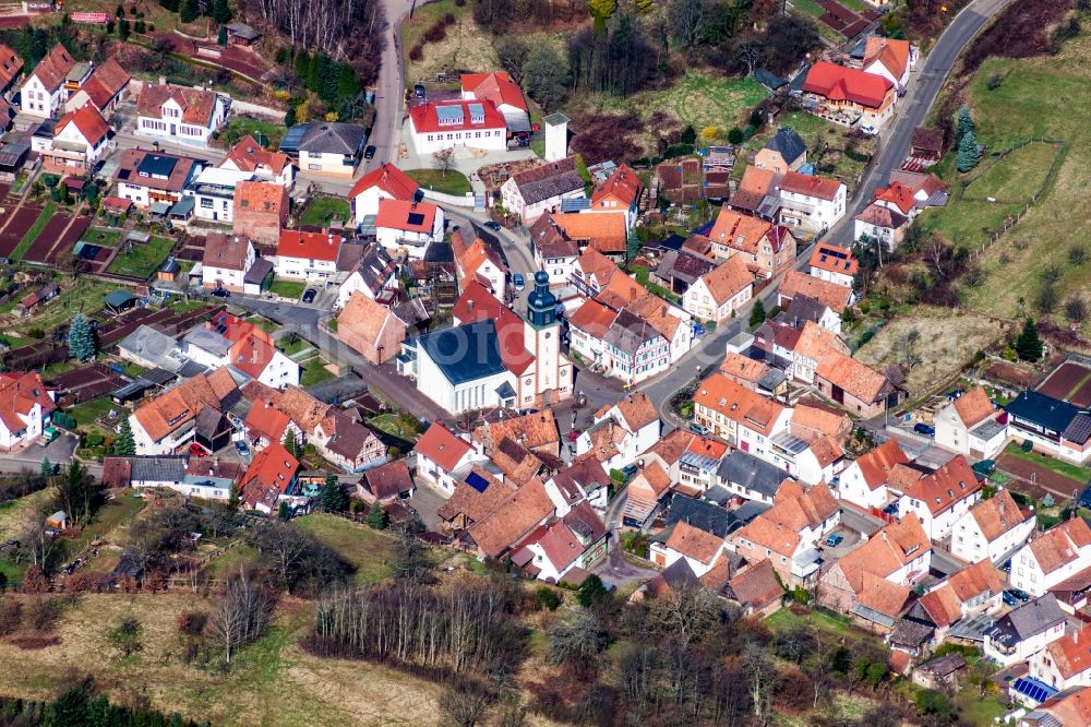 Schwanheim from above - Church building in the village of in Schwanheim in the state Rhineland-Palatinate, Germany