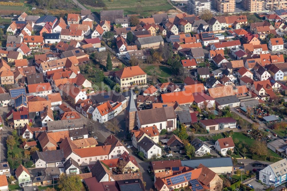 Schweigen from the bird's eye view: Church building in the village of in Schweigen in the state Rhineland-Palatinate, Germany