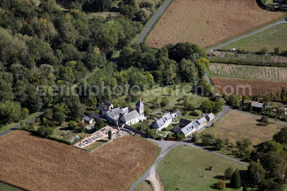 Aerial image Le Thoureil - Church building and cemetery in the village of Thoureil in Pays de la Loire, France