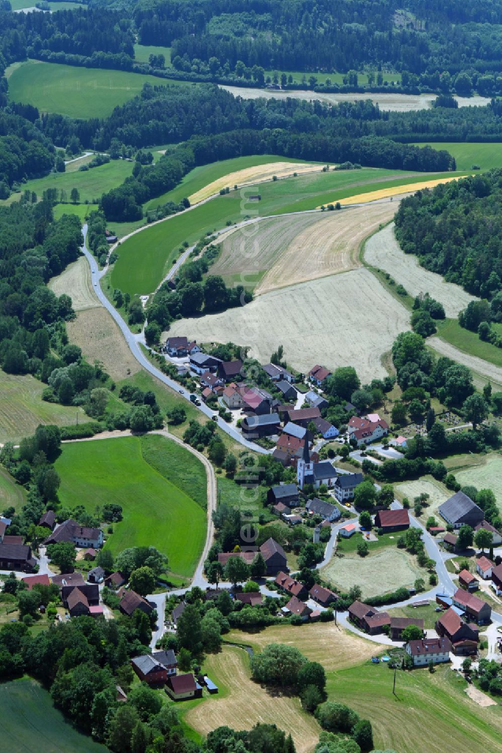 Trumsdorf from above - Church building in the village of in Trumsdorf in the state Bavaria, Germany