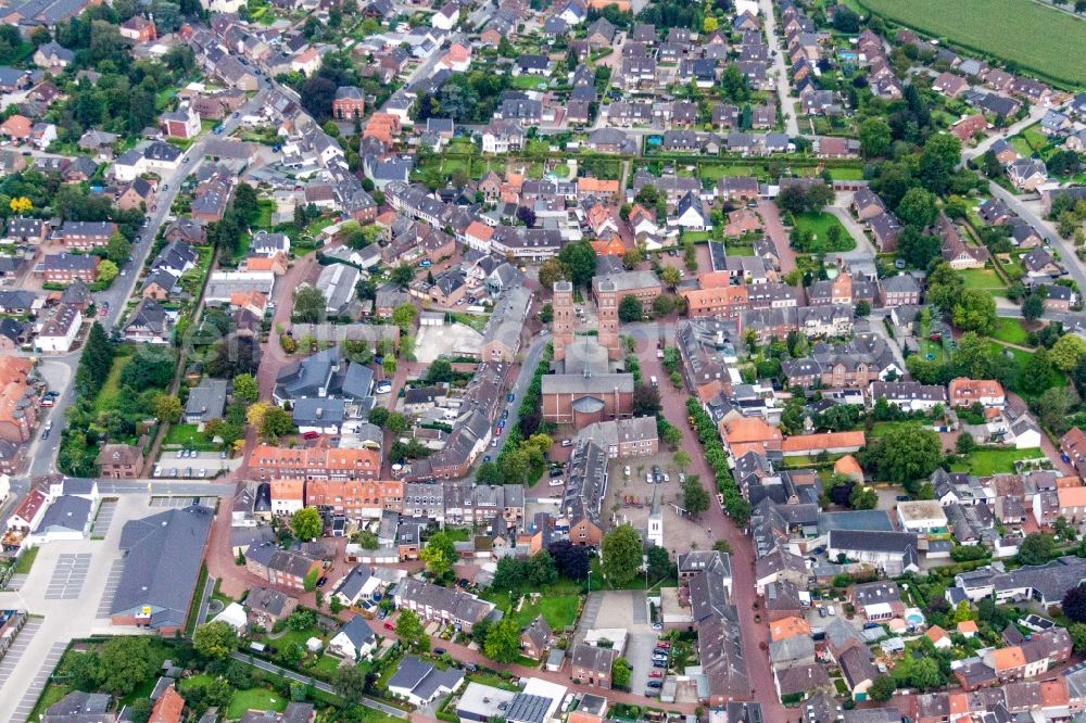 Uedem from above - Church building in the village of in Uedem in the state North Rhine-Westphalia, Germany