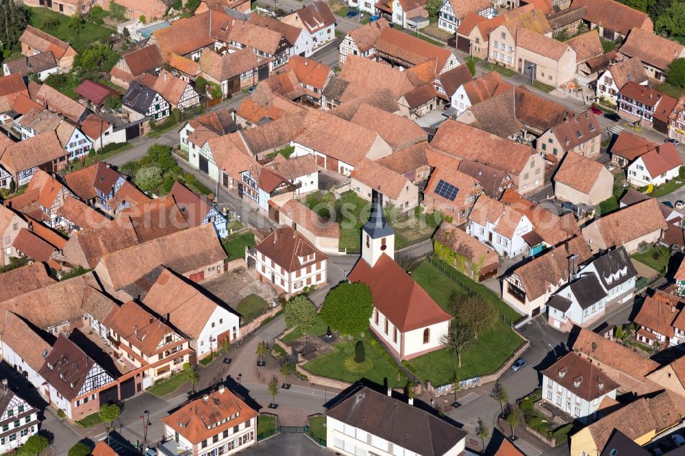 Aerial image Uhrwiller - Church building in the village of in Uhrwiller in Grand Est, France