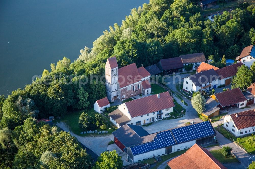 Usterling from above - Church building in the village of in Usterling on the river Isar in the state , Germany