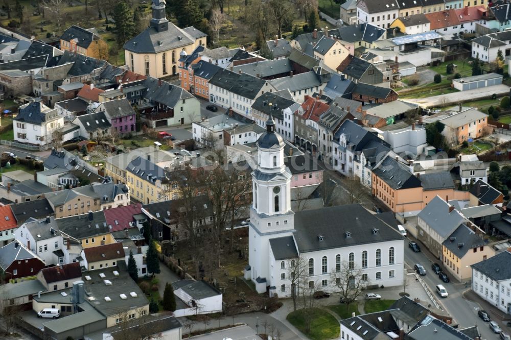 Zeulenroda-Triebes from the bird's eye view: Church building in Dreieinigkeitskirche on Kirchstrasse Old Town- center of downtown in Zeulenroda-Triebes in the state Thuringia