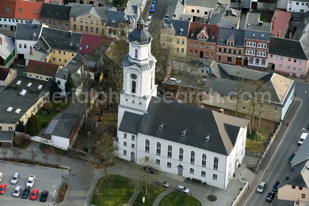 Zeulenroda-Triebes from above - Church building in Dreieinigkeitskirche on Kirchstrasse Old Town- center of downtown in Zeulenroda-Triebes in the state Thuringia