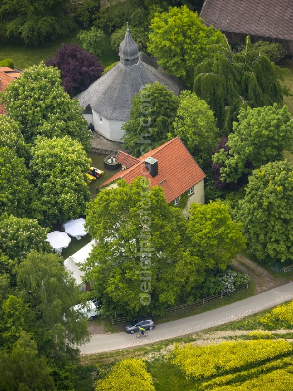 Aerial image Möhnesee - Church building of the Chapel of Drueggel in Moehnesee in the state of North Rhine-Westphalia. The chapel is located outside the borough of Moehnsee and is also used as an events location