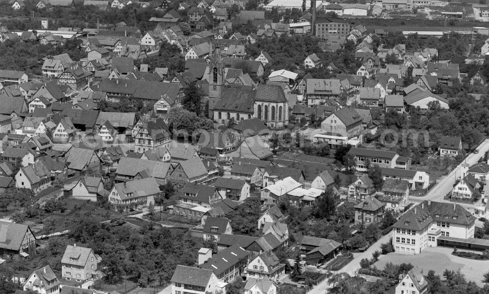 Leinfelden-Echterdingen from above - Church building in in Echterdingen Old Town- center of downtown in Leinfelden-Echterdingen in the state Baden-Wuerttemberg, Germany