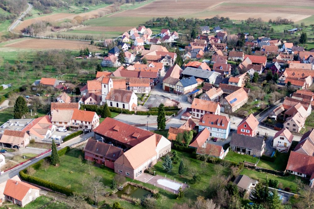 Aerial image Ringendorf - Church building of Eglise protestante lutherienne in the village of Ringendorf in Grand Est, France