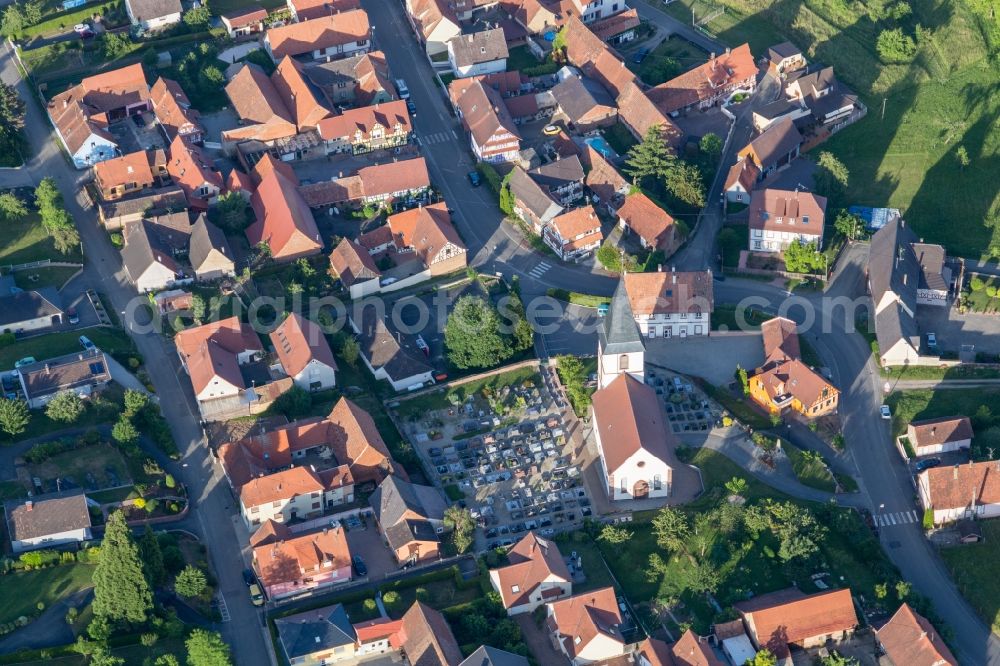 Morsbronn-les-Bains from above - Church building of Eglise de la Toussaint in Old Town- center of downtown in Morsbronn-les-Bains in Grand Est, France