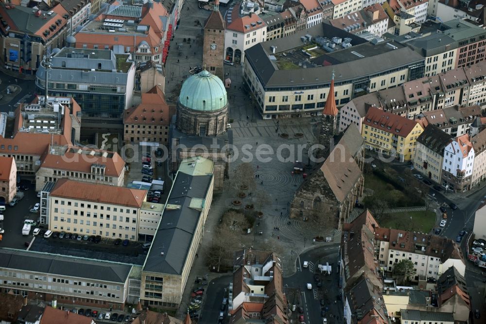 Nürnberg from the bird's eye view: Church building St. Elisabethkirche on Jakobsplatz Old Town- center of downtown in Nuremberg in the state Bavaria