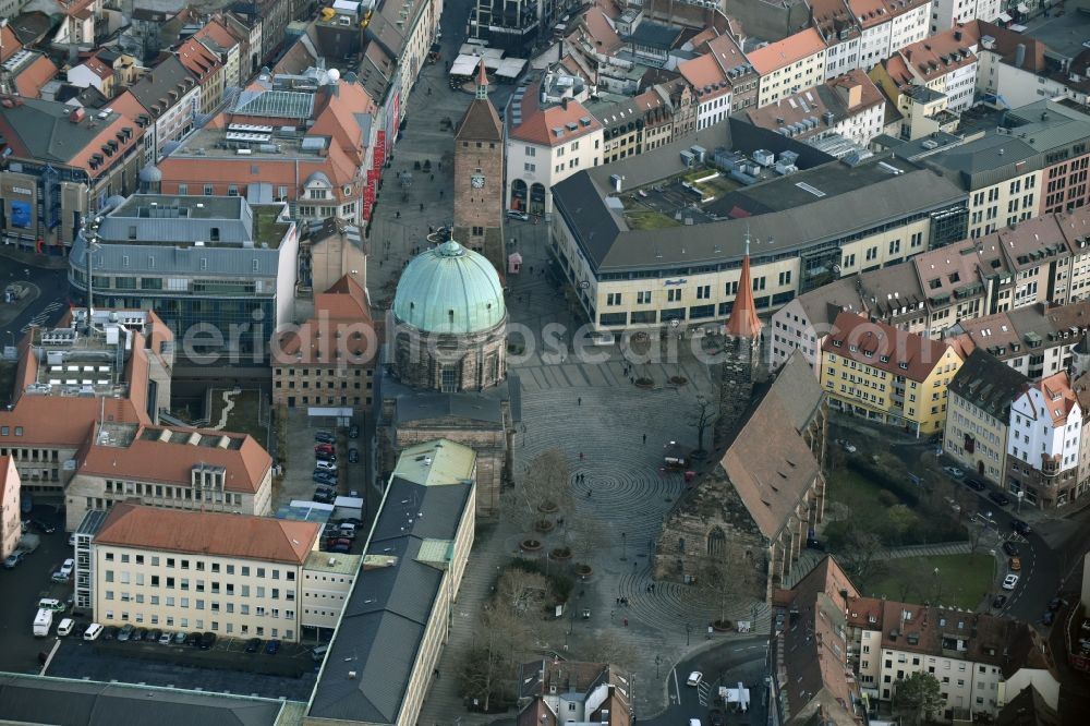 Aerial image Nürnberg - Church building St. Elisabethkirche on Jakobsplatz Old Town- center of downtown in Nuremberg in the state Bavaria