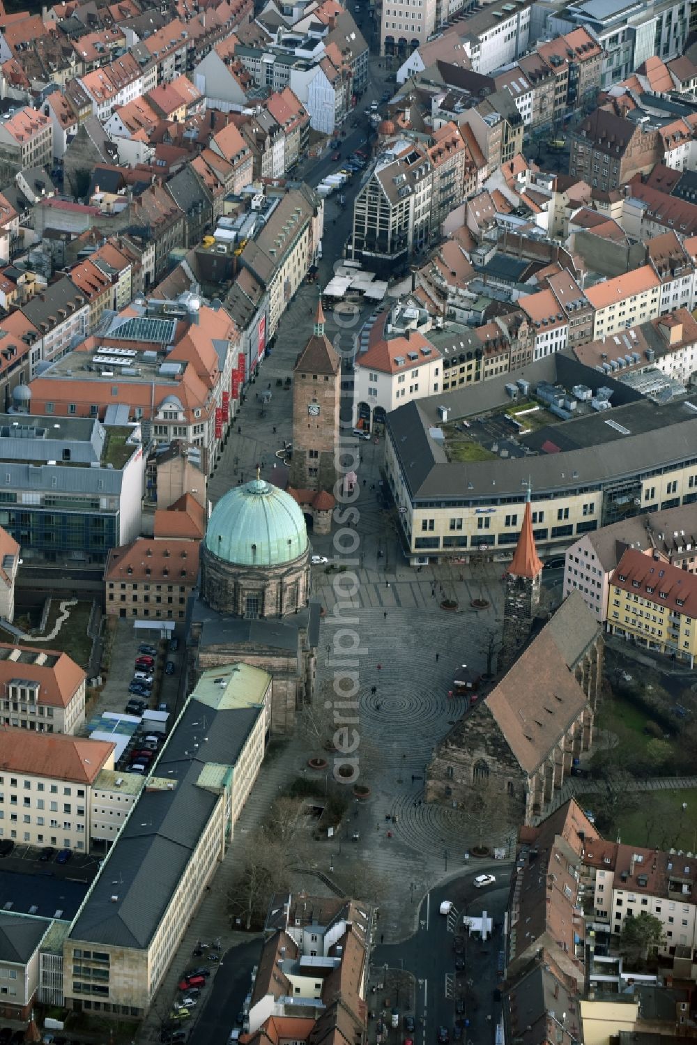 Aerial photograph Nürnberg - Church building St. Elisabethkirche on Jakobsplatz Old Town- center of downtown in Nuremberg in the state Bavaria