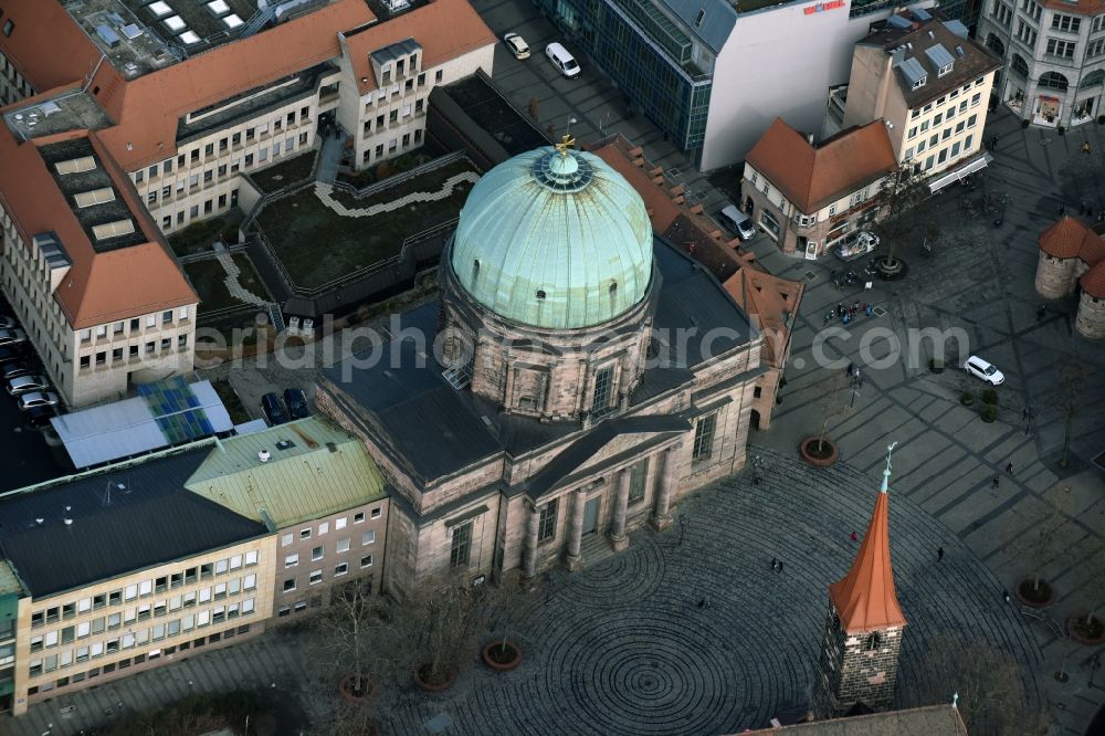 Nürnberg from above - Church building St. Elisabethkirche on Jakobsplatz Old Town- center of downtown in Nuremberg in the state Bavaria