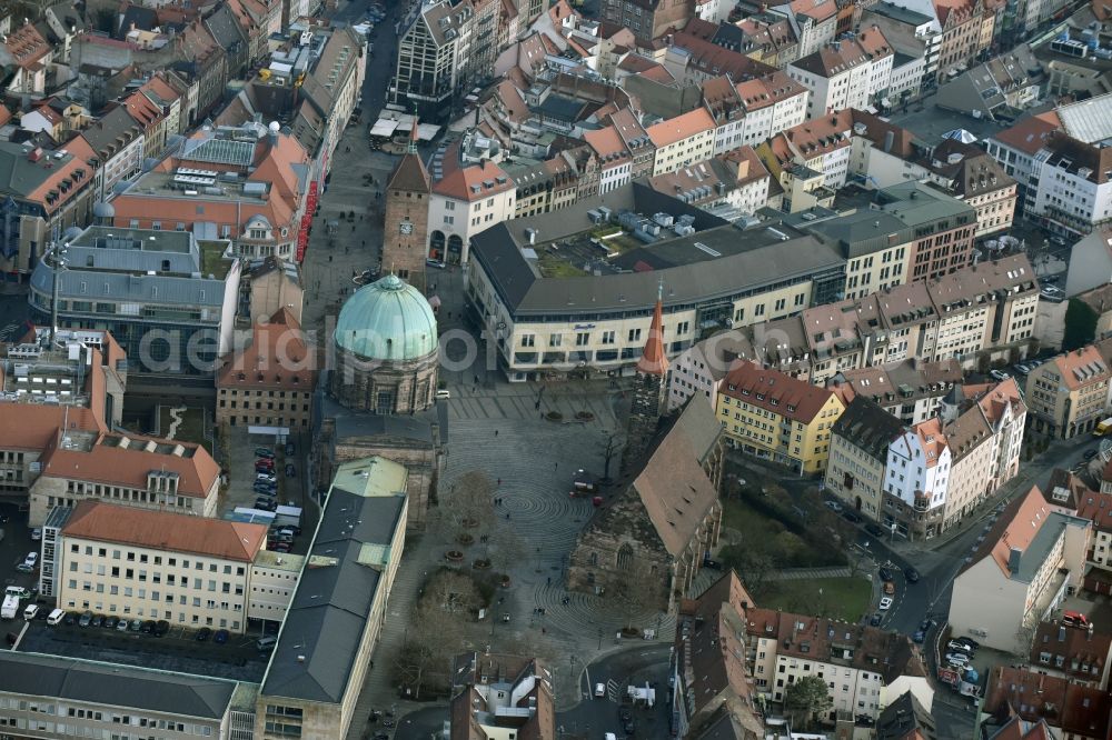 Nürnberg from above - Church building St. Elisabethkirche on Jakobsplatz Old Town- center of downtown in Nuremberg in the state Bavaria