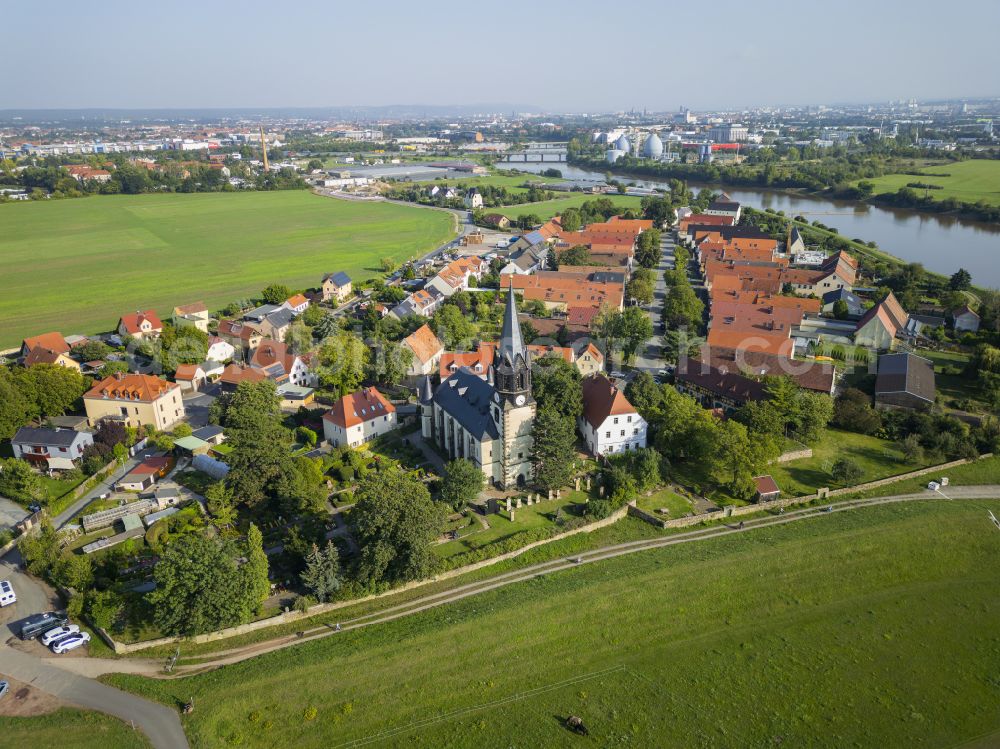 Aerial image Dresden - Church building Emmauskirche on street Altkaditz in the district Kaditz in Dresden in the state Saxony, Germany