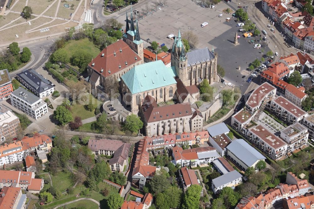 Erfurt from above - Church building of the cathedral of of Erfurter Dom in the district Altstadt in Erfurt in the state Thuringia, Germany