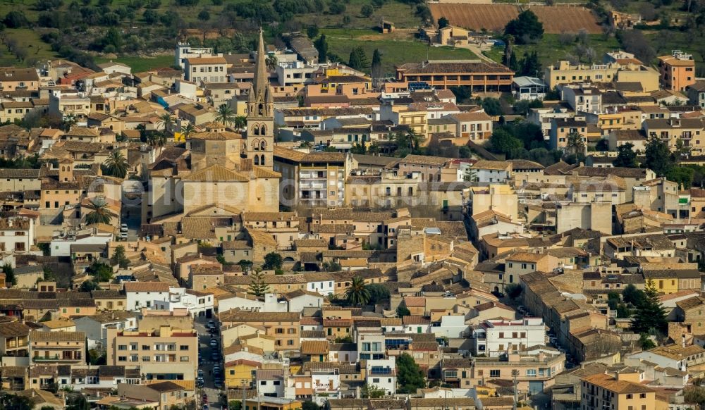 Aerial image Binissalem - Church building Esglesia de Santa Maria de Robines on Carrer Esglesia, Placa in the old town center of the city center in Binissalem in Balearic Island Mallorca, Spain