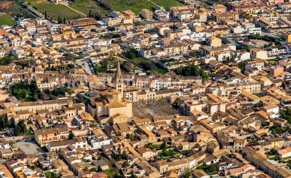 Binissalem from above - Church building Esglesia de Santa Maria de Robines on Carrer Esglesia, Placa in the old town center of the city center in Binissalem in Balearic Island Mallorca, Spain