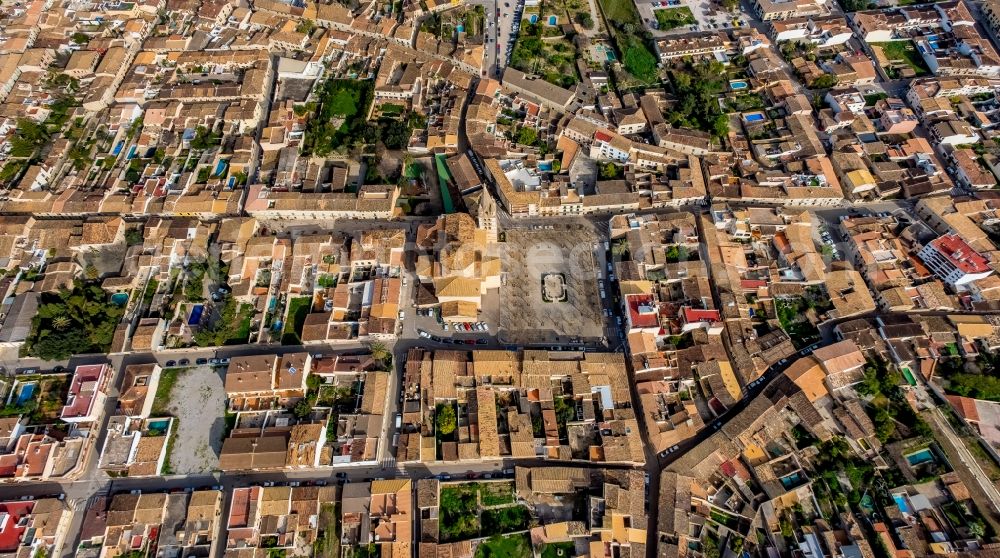 Aerial image Binissalem - Church building Esglesia de Santa Maria de Robines on Carrer Esglesia, Placa in the old town center of the city center in Binissalem in Balearic Island Mallorca, Spain