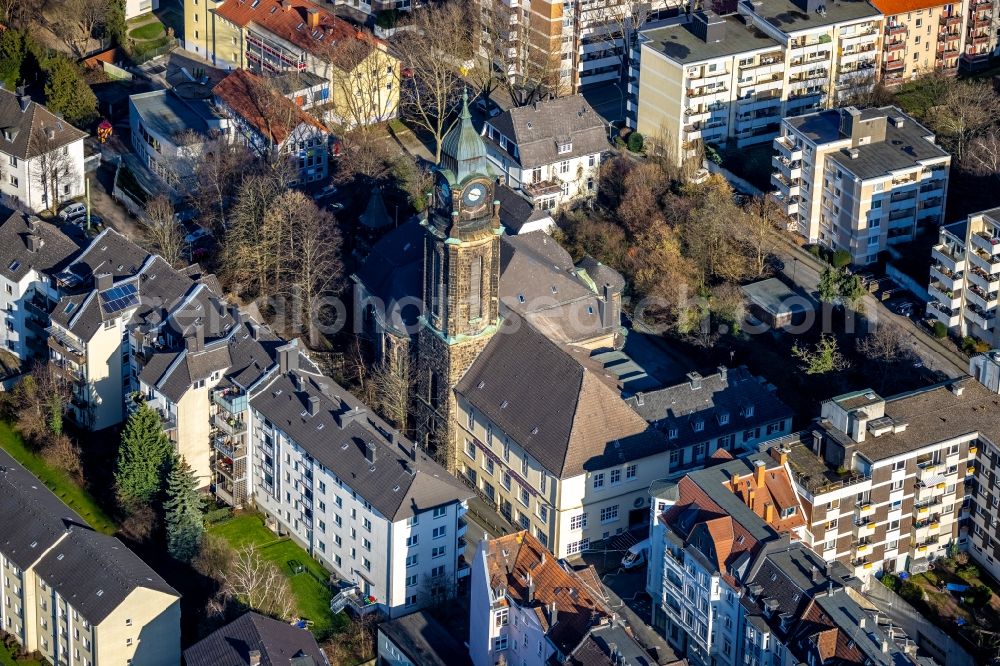 Hagen from above - Church building Evang.-Luth. Pauluskirche on Borsigstrasse in Hagen at Ruhrgebiet in the state North Rhine-Westphalia, Germany