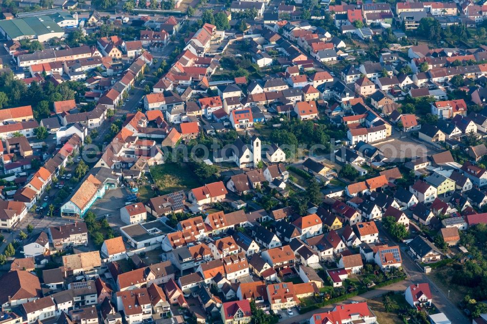 Aerial image Waghäusel - Church building Evangel. Kirche Wiesental in the district Wiesental in Waghaeusel in the state Baden-Wurttemberg, Germany