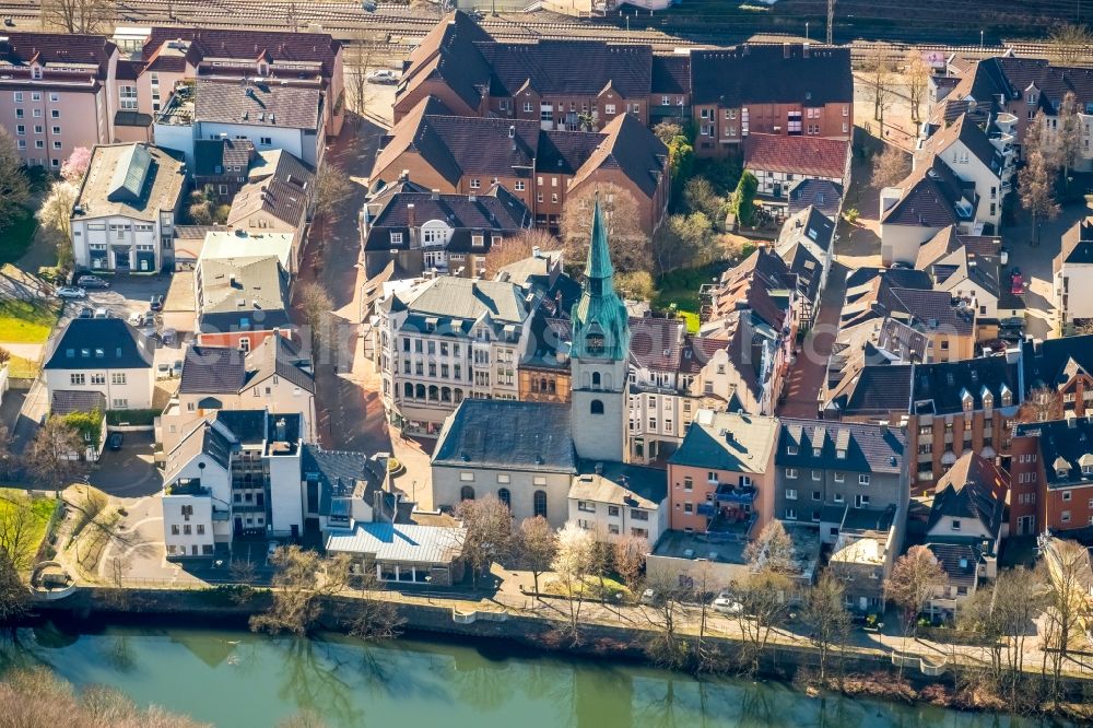 Aerial image Hagen - Church building of Evangelisch-Reformierte Kirche Hohenlimburg on Freiheitstrasse in the district Hohenlimburg in Hagen in the state North Rhine-Westphalia, Germany