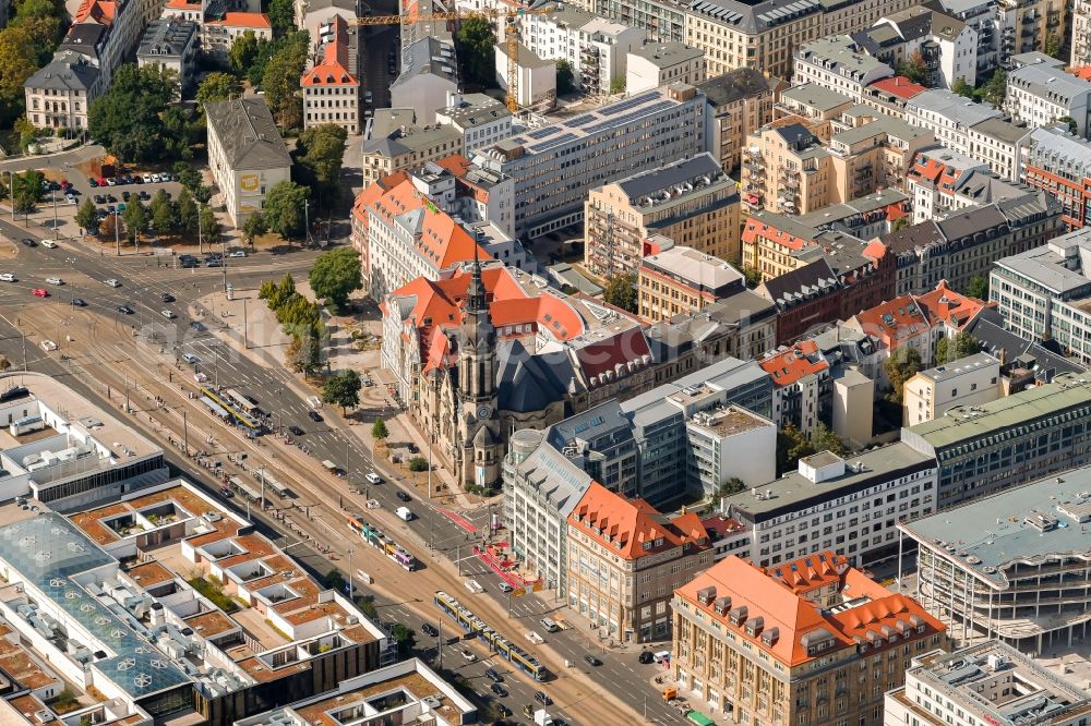 Leipzig from the bird's eye view: Church building in Evangelisch Reformierte Kirche zu Leipzig on Troendlinring Old Town- center of downtown in the district Mitte in Leipzig in the state Saxony, Germany