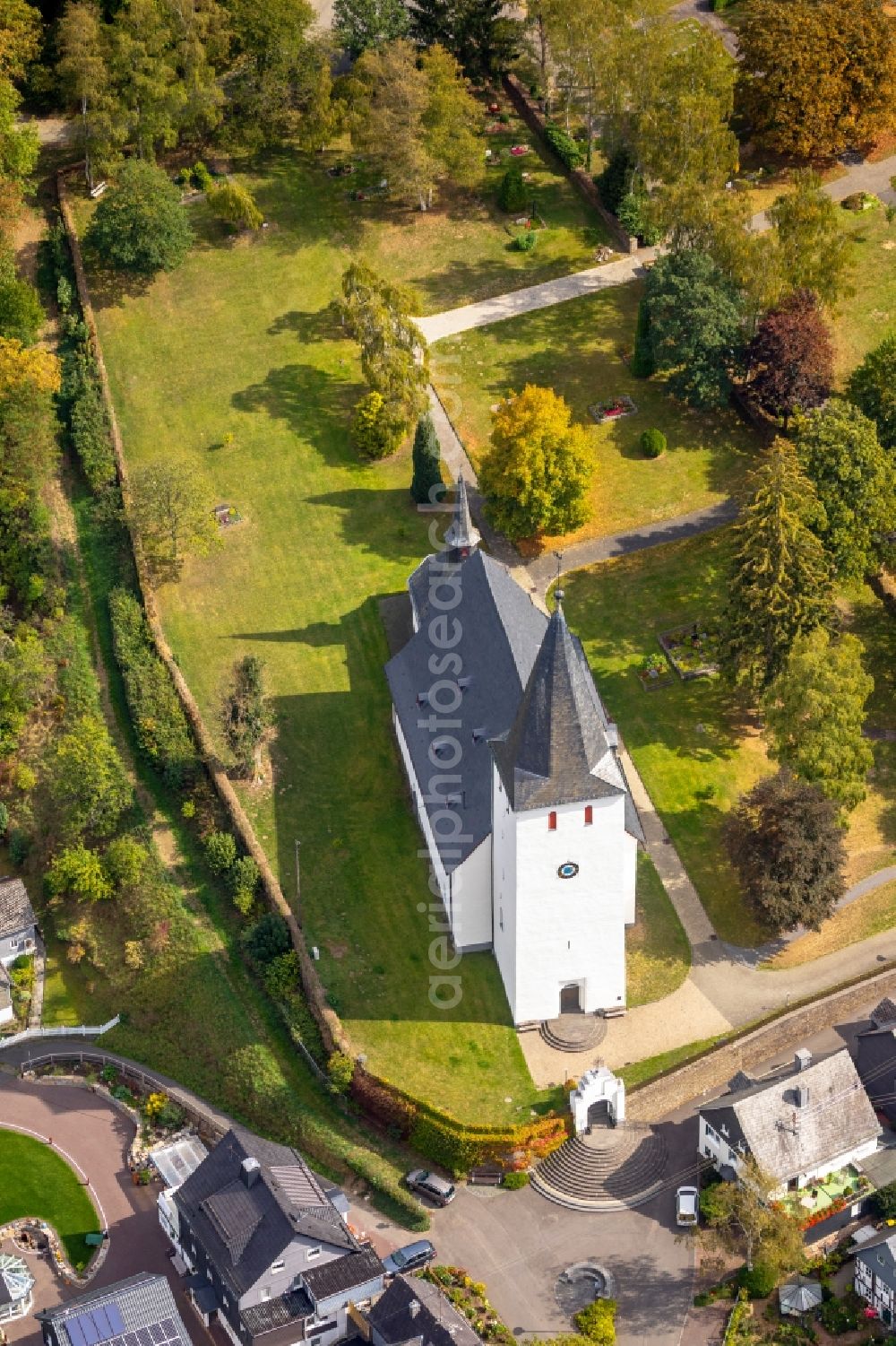 Netphen from above - Church building Evangelisch-Reformierte Kirchengemeinde Netphen in Netphen in the state North Rhine-Westphalia, Germany