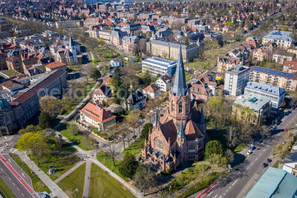 Karlsruhe from the bird's eye view: Church building Evangelische Christuskirche in the district Innenstadt-West in Karlsruhe in the state Baden-Wurttemberg, Germany