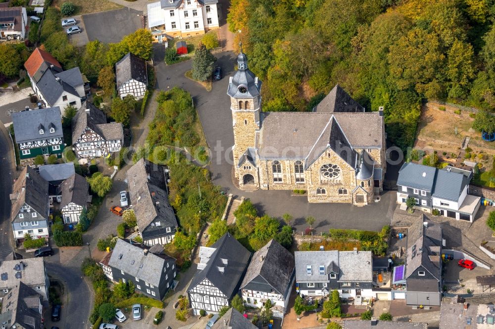 Aerial photograph Neunkirchen - Church building Evangelische Kirche in Neunkirchen in the state North Rhine-Westphalia, Germany