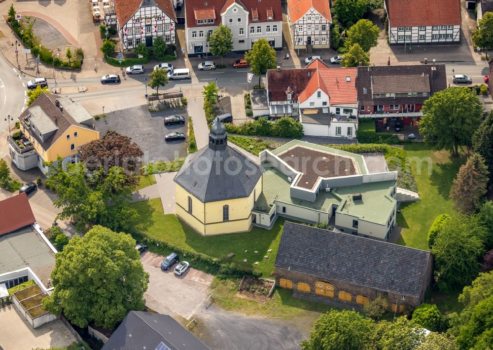 Rhynern from above - Church building Evangelische Kirche Rhynern Alte Salzstrasse in Rhynern in the state North Rhine-Westphalia, Germany