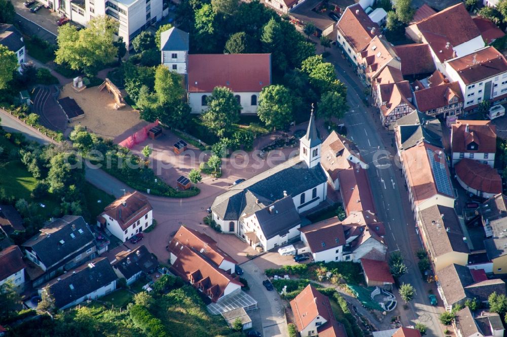 Wald-Michelbach from above - Church building the Evangelic Church and of St.Laurentius in Wald-Michelbach in the state Hesse, Germany