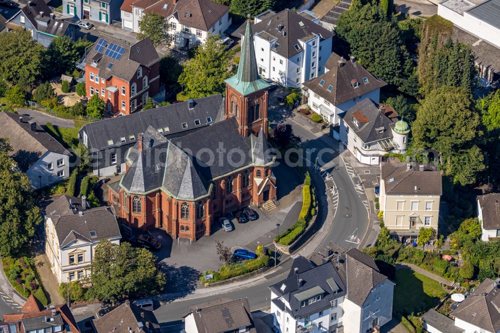 Aerial photograph Ennepetal - Church building of Evangelische Kirchengemeinde Milspe, Jugendbuero M. Lingenberg in der Kirchstrasse in Ennepetal in the state North Rhine-Westphalia, Germany