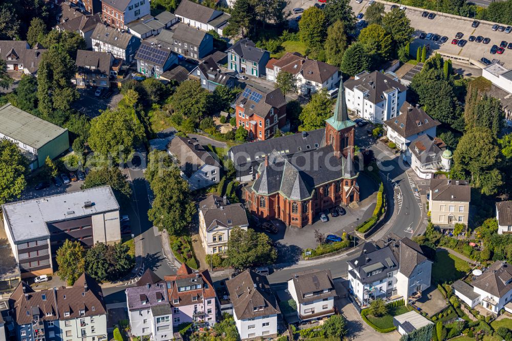 Ennepetal from above - Church building of Evangelische Kirchengemeinde Milspe, Jugendbuero M. Lingenberg in der Kirchstrasse in Ennepetal in the state North Rhine-Westphalia, Germany