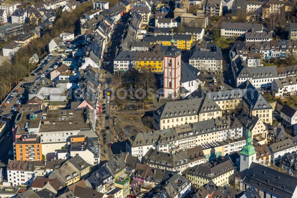 Aerial photograph Siegen - Church building Evangelische Nikolaikirche Siegen on Kraemergasse in Siegen in the state North Rhine-Westphalia, Germany