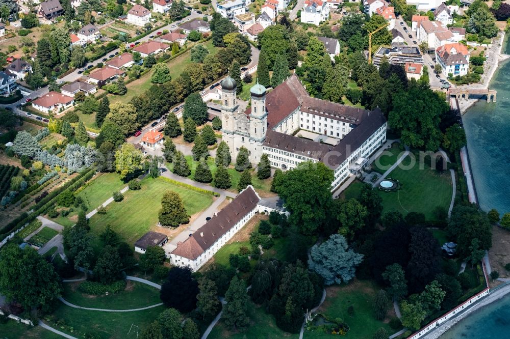 Friedrichshafen from above - Church building of Evangelische Schlosskirchengemeinde in Friedrichshafen in the state Baden-Wurttemberg, Germany