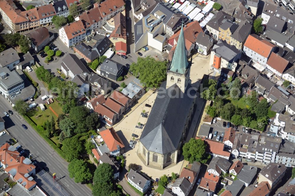 Unna from above - Church building in Evangelische Stadtkirche Old Town- center of downtown in Unna in the state North Rhine-Westphalia