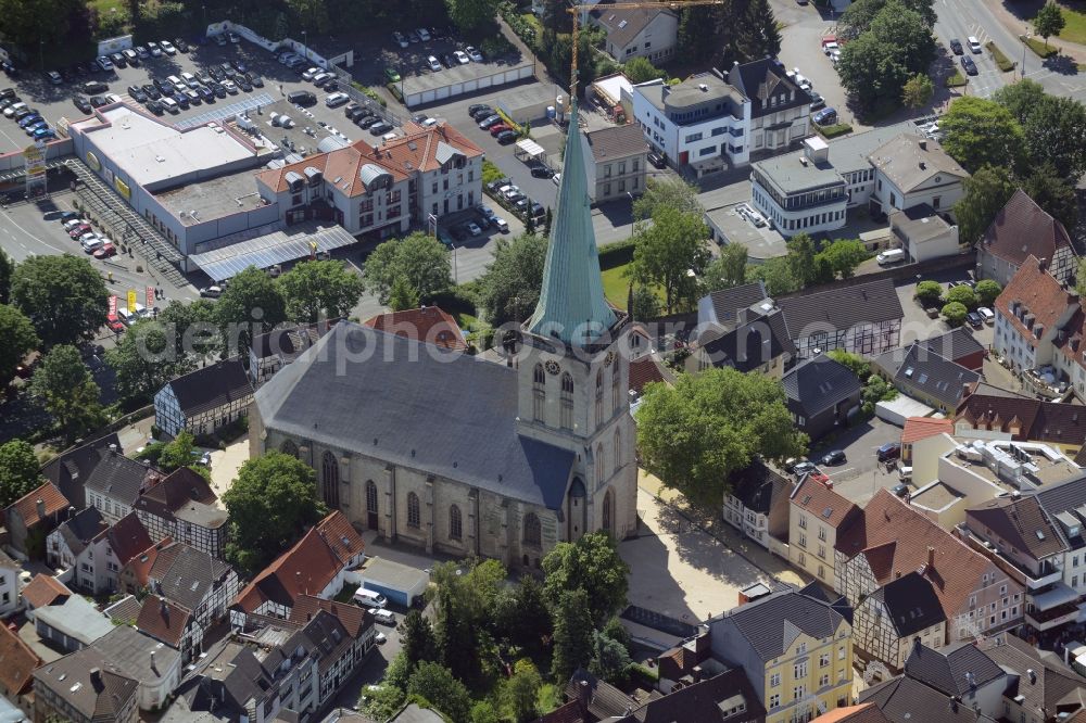 Unna from above - Church building in Evangelische Stadtkirche Old Town- center of downtown in Unna in the state North Rhine-Westphalia