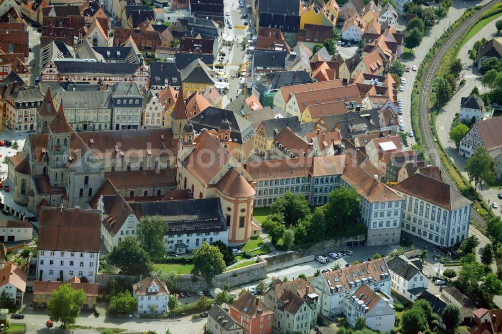 Ellwangen (Jagst) from above - Church building in Evangelische Stadtkirche and Basilika St. Vitus on Marktplatz Old Town- center of downtown in Ellwangen (Jagst) in the state Baden-Wuerttemberg