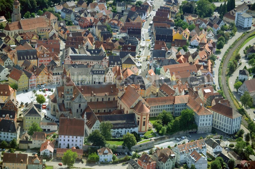 Aerial image Ellwangen (Jagst) - Church building in Evangelische Stadtkirche and Basilika St. Vitus on Marktplatz Old Town- center of downtown in Ellwangen (Jagst) in the state Baden-Wuerttemberg