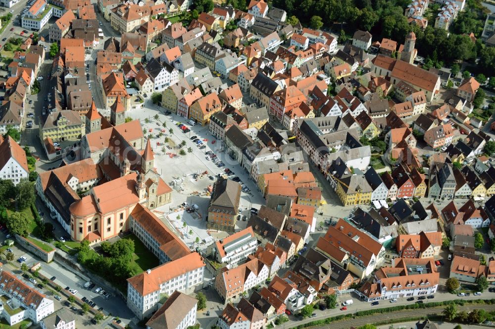 Ellwangen (Jagst) from above - Church building in Evangelische Stadtkirche and Basilika St. Vitus on Marktplatz Old Town- center of downtown in Ellwangen (Jagst) in the state Baden-Wuerttemberg