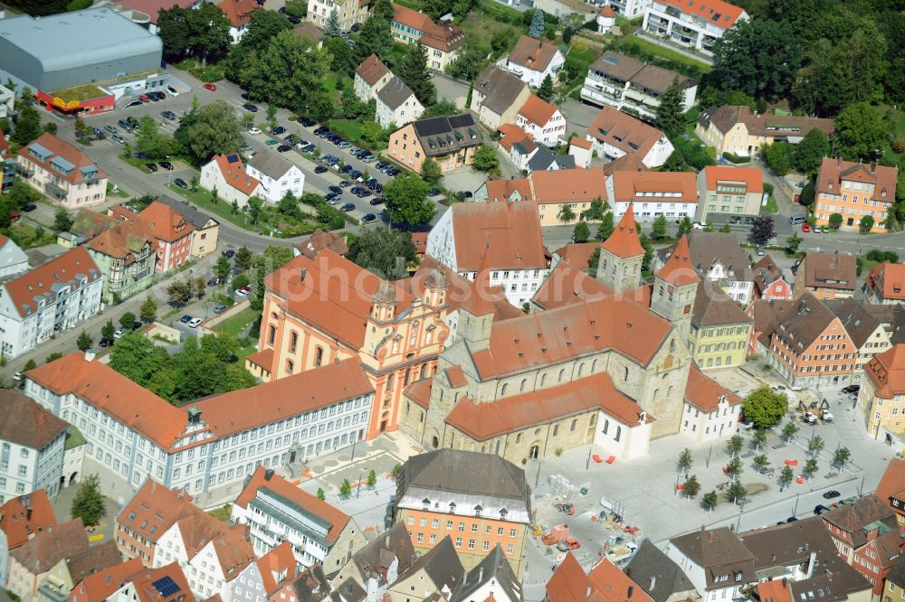 Aerial image Ellwangen (Jagst) - Church building in Evangelische Stadtkirche and Basilika St. Vitus on Marktplatz Old Town- center of downtown in Ellwangen (Jagst) in the state Baden-Wuerttemberg